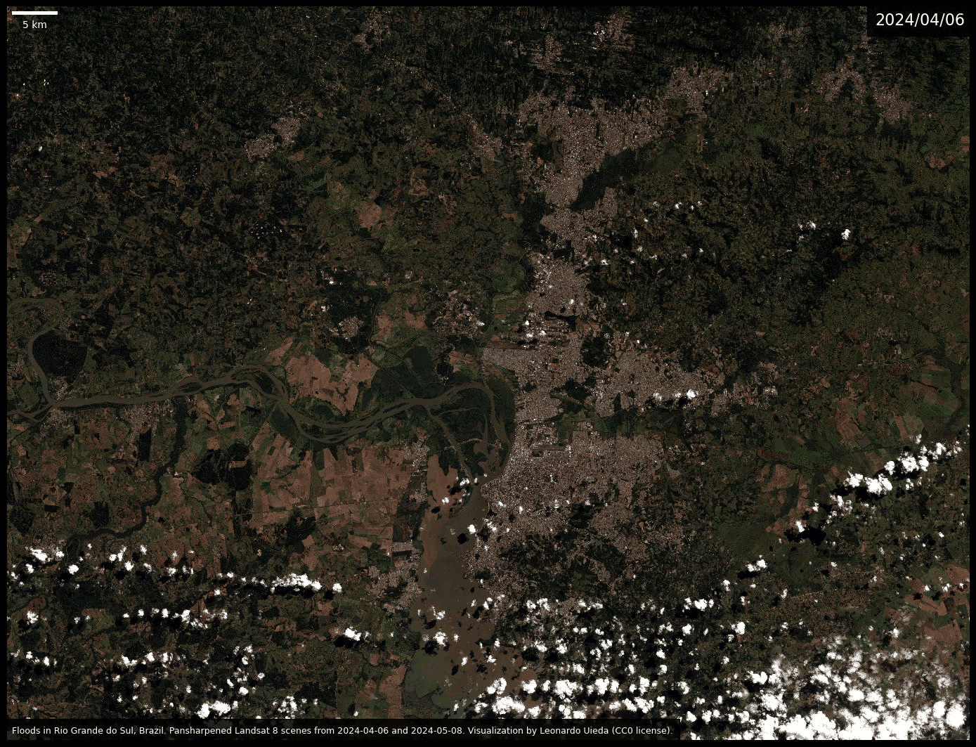 Animation of before and after the floods, with the after image showing a large amount of brown water at the center of the image where there were city and farms.